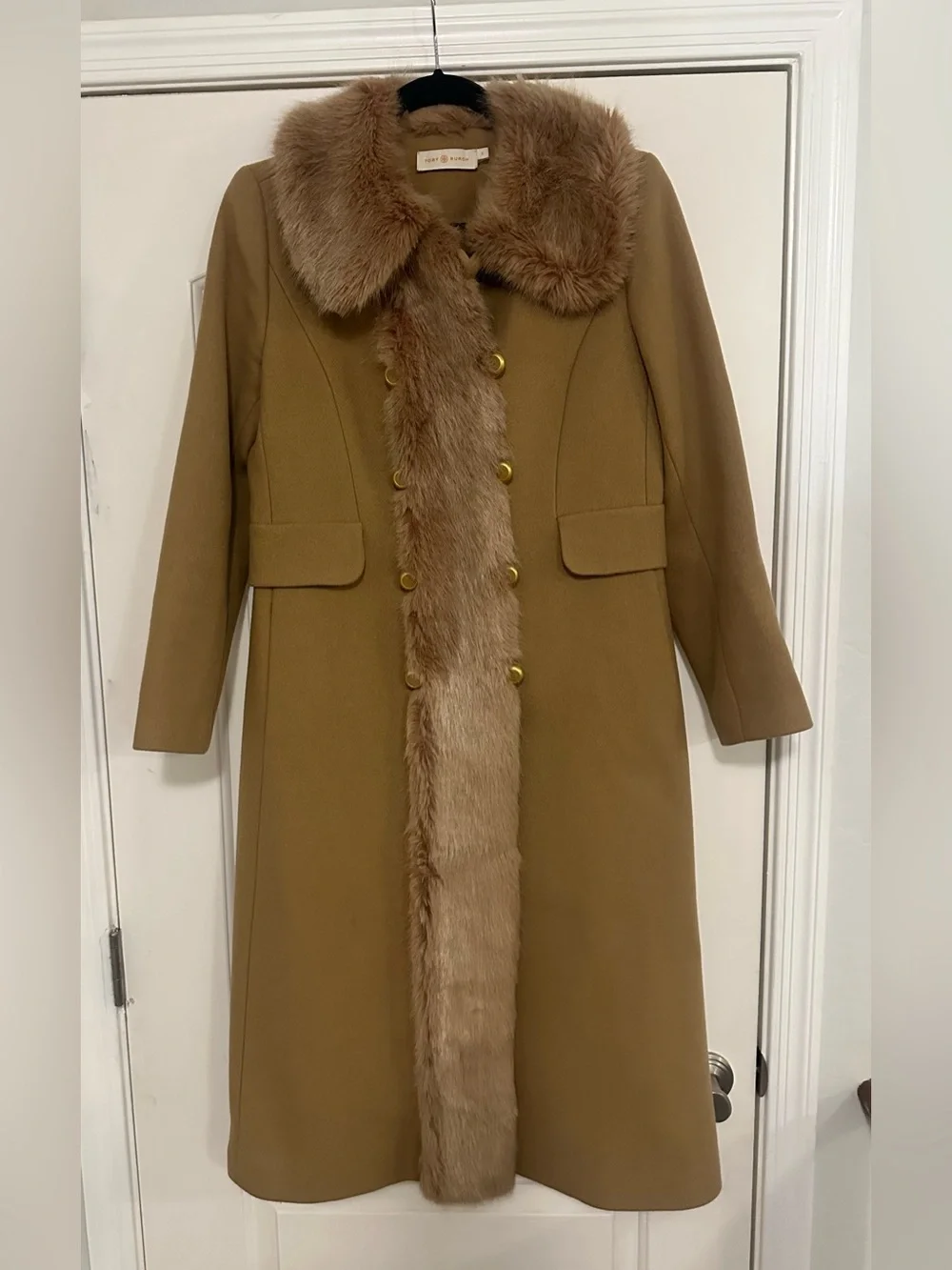 Tory Burch Celeste Coat Camel Faux Fur Collar Double Breasted Size 6